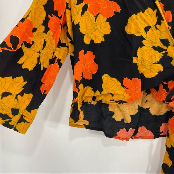 TopShop Black Orange Mustard 70s Floral Surplice Half Sleeve Wrap Top 4 Small - Picture 4 of 8